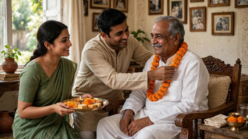 Father cutting a birthday cake with family