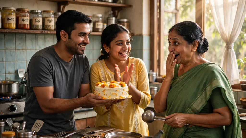 Mother receiving birthday flowers from her children